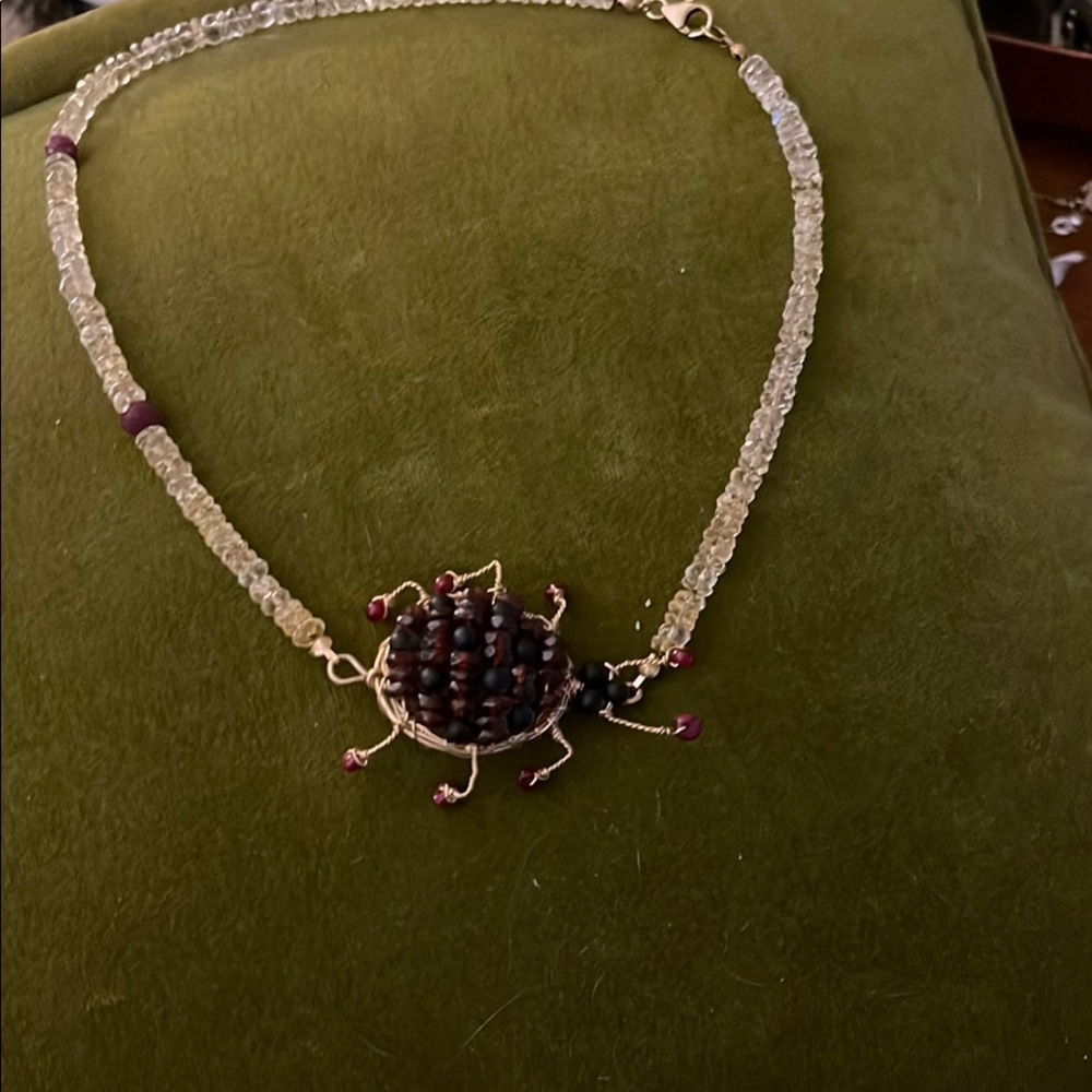 Handmade Red&black crystal “Ladybug”with   clear 16”necklace. Gold filled clasp.